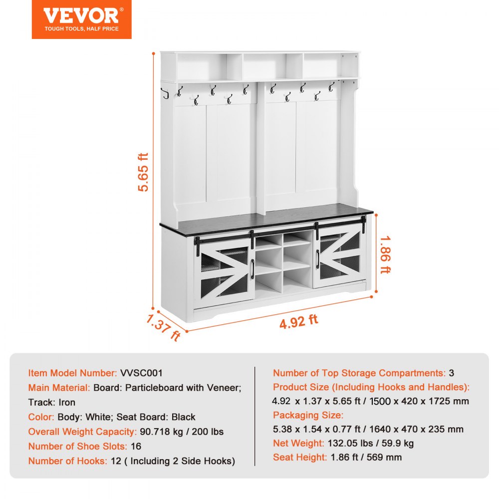 VEVOR Hall Tree, Wooden Hall Tree with Bench and Shoe Storage, White Hall Tree with Coat Rack, Adjustable Shelves and 12 Hanging Hooks, Mudroom Furniture with USB Light Strip, for Entryway & Hallway
