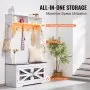 VEVOR Hall Tree, Wooden Hall Tree with Bench and Shoe Storage, White Hall Tree with Coat Rack, Adjustable Shelves and 7 Hanging Hooks, Mudroom Furniture with USB Light Strip, for Entryway & Hallway