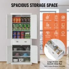 VEVOR 72" Kitchen Pantry Storage Cabinet, Freestanding Utility Cabinets with Doors, Drawer and 3 Adjustable Shelves, Tall Food Buffet Pantries for Kitchen, Living Room, Dinning Room, Laundry, White