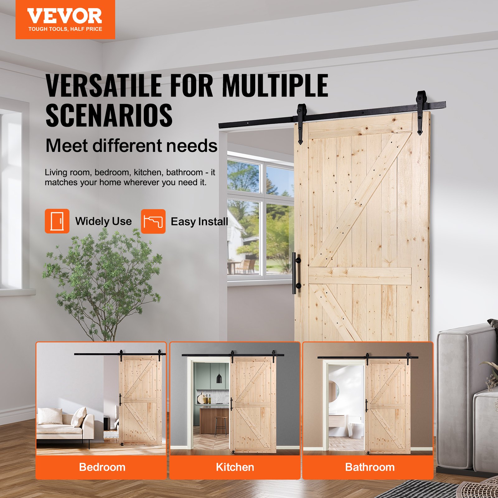 VEVOR Barn Door and Hardware Kit, 42" x 84" Wood Sliding Barn Door, Smoothly and Quietly, Barn Door Kit with 8-in-1 Floor Guide and Door Handle, Spruce Wood Panelled Slab, Easy to Install