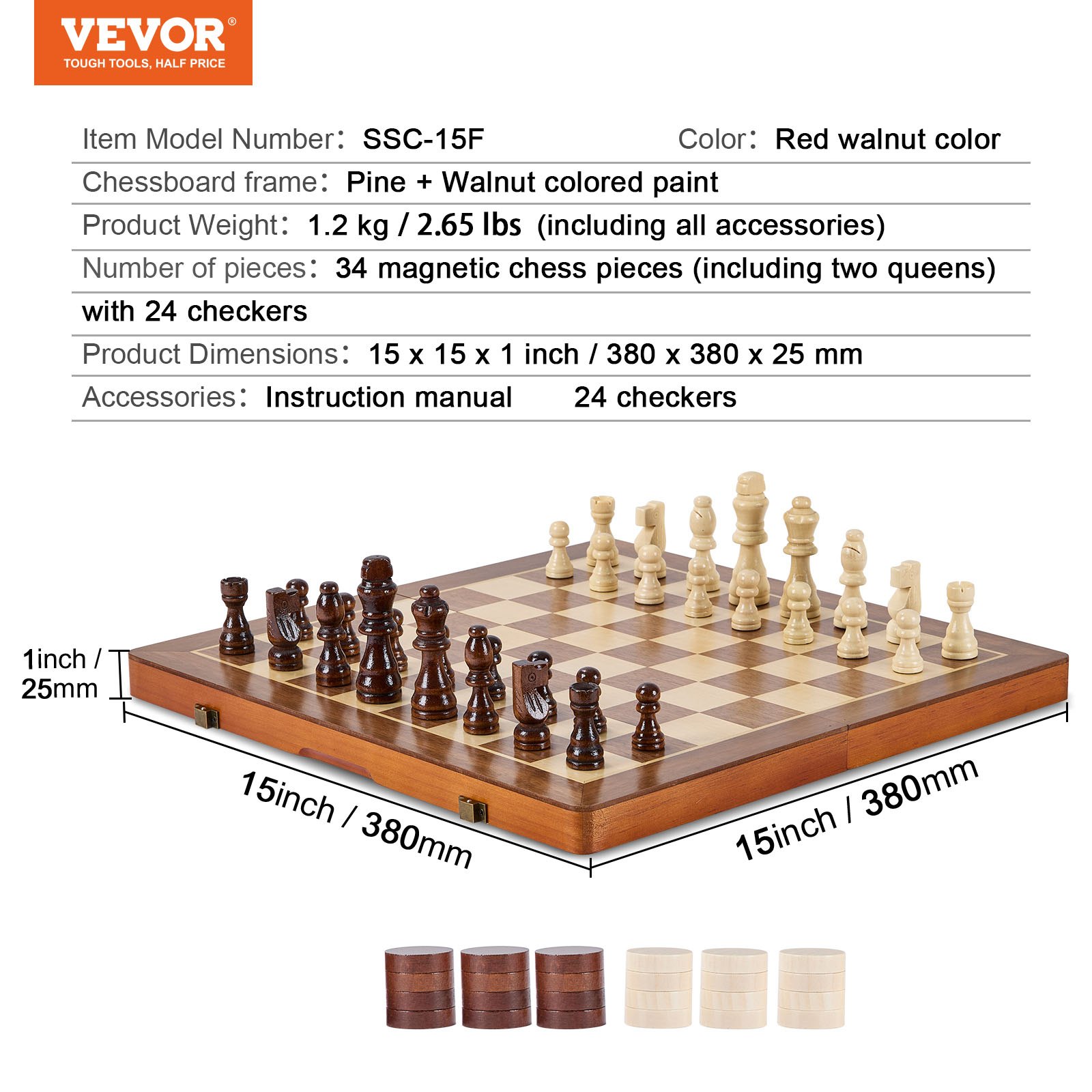 VEVOR Magnetic Wooden Chess Set, 15 inch/38.1 cm 2-IN-1 Chess Checkers Game Set, Folding Chess Board Games for Adults Kids, 2 Queens Portable Travel Gift Chess Set for Tournament Professional Beginner