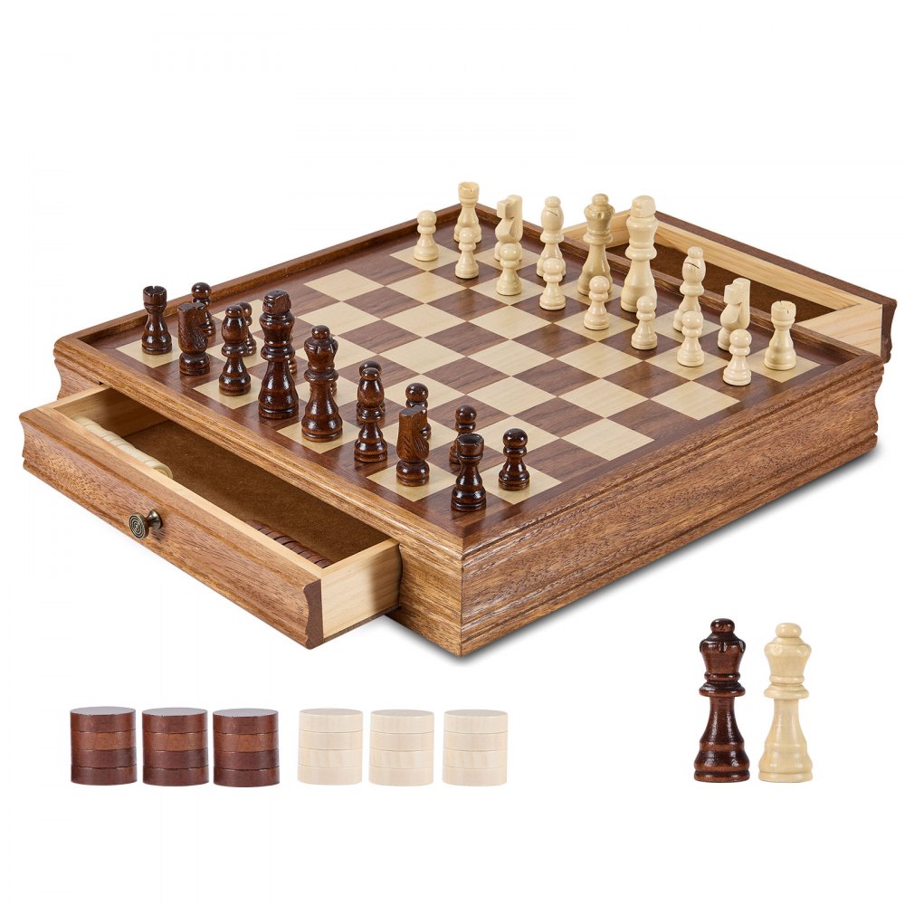 VEVOR šachová sada z masivního dřeva, 15palcová 2v1 šachová sada, šachové stolní hry s úložnou zásuvkou a váženými šachovými figurkami a 2 královnami, pro dospělé Děti Turnaj Profesionální začátečník