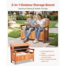 VEVOR 2 Person Outdoor Wooden Storage Bench 33 Gal Porch Deck Box Waterproof