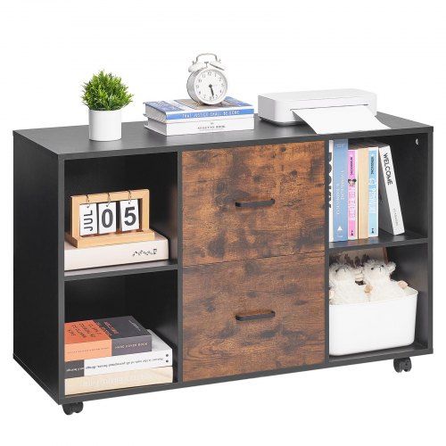 VEVOR 2 Drawer Wooden File Cabinet, Mobile Filing Cabinet with Open Shelves, Lateral Rolling File Storage with Lockable Wheels, Modern Free Standing Printer Stand for Home, Office, School, Black