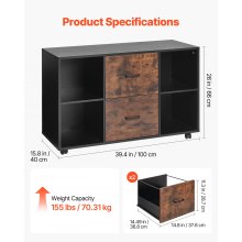 2 Drawer Wooden File Cabinet Mobile Filing Cabinet with Open Shelves Black