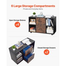 2 Drawer Wooden File Cabinet Mobile Filing Cabinet with Open Shelves Black