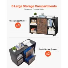 VEVOR 2 Drawer Wooden File Cabinet, Mobile Filing Cabinet with Open Shelves, Lateral Rolling File Storage with Lockable Wheels, Modern Free Standing Printer Stand for Home, Office, School, Black