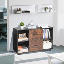 2 Drawer Wooden File Cabinet Mobile Filing Cabinet with Open Shelves Black