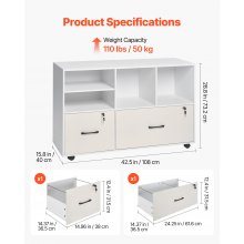 2 Drawer Wooden File Cabinet Mobile Filing Cabinet with Adjustable Shelves