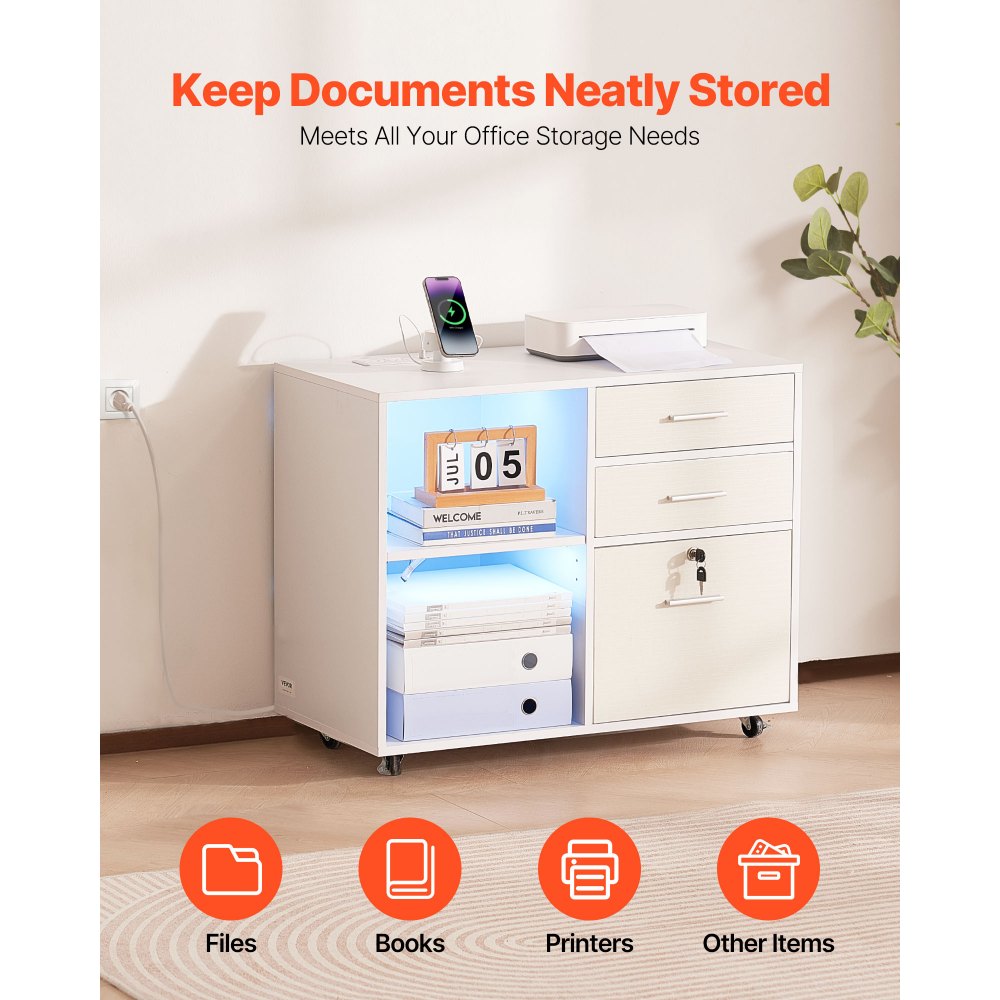 VEVOR 3 Drawer Wooden File Cabinet, Mobile Filing Cabinet with Light Strip, Lockable Rolling File Storage with Adjustable Shelves & 5 Wheels, Free Standing Printer Stand for Home Office School, White
