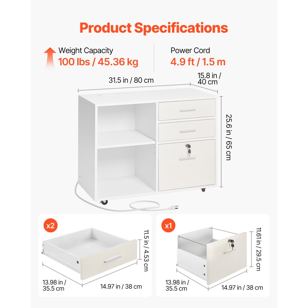 VEVOR 3 Drawer Wooden File Cabinet, Mobile Filing Cabinet with Light Strip, Lockable Rolling File Storage with Adjustable Shelves & 5 Wheels, Free Standing Printer Stand for Home Office School, White