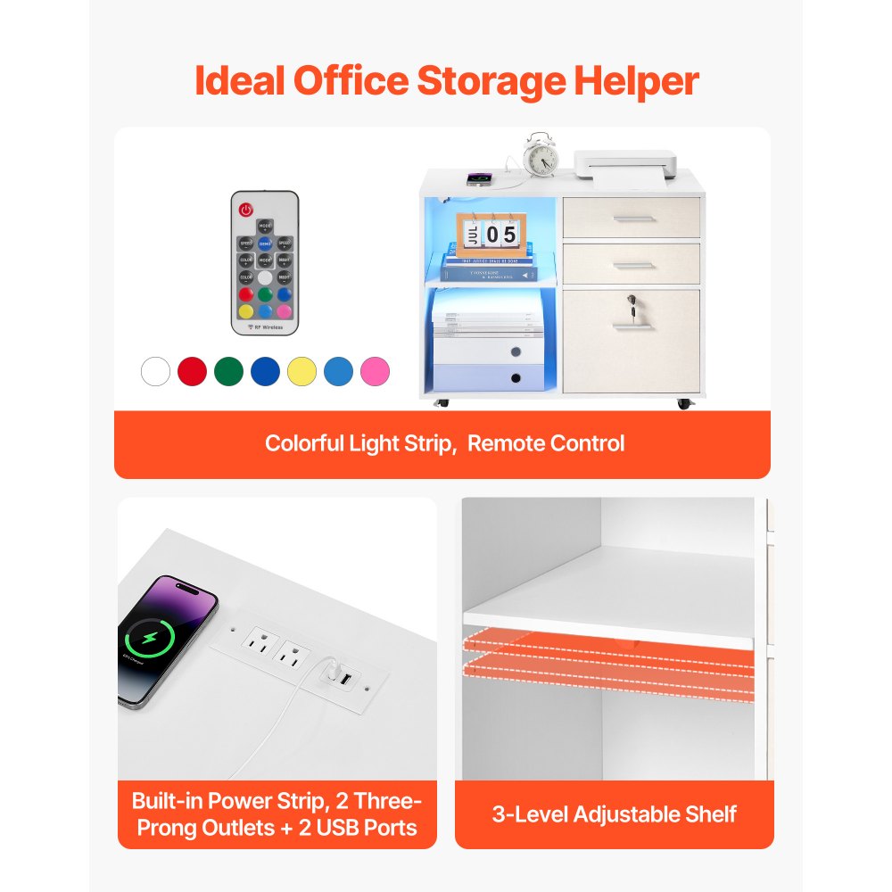 VEVOR 3 Drawer Wooden File Cabinet, Mobile Filing Cabinet with Light Strip, Lockable Rolling File Storage with Adjustable Shelves & 5 Wheels, Free Standing Printer Stand for Home Office School, White