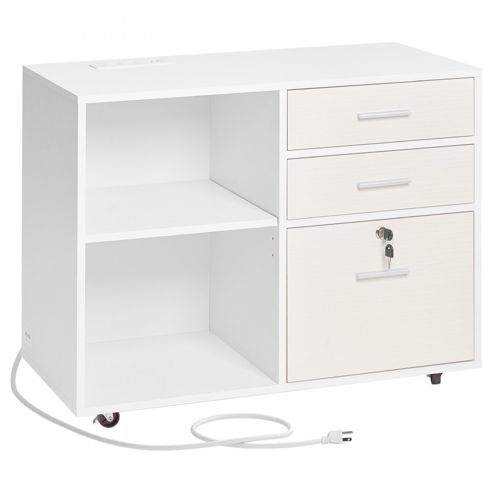VEVOR 3 Drawer Wooden File Cabinet, Mobile Filing Cabinet with Light Strip, Lockable Rolling File Storage with Adjustable Shelves & 5 Wheels, Free Standing Printer Stand for Home Office School, White