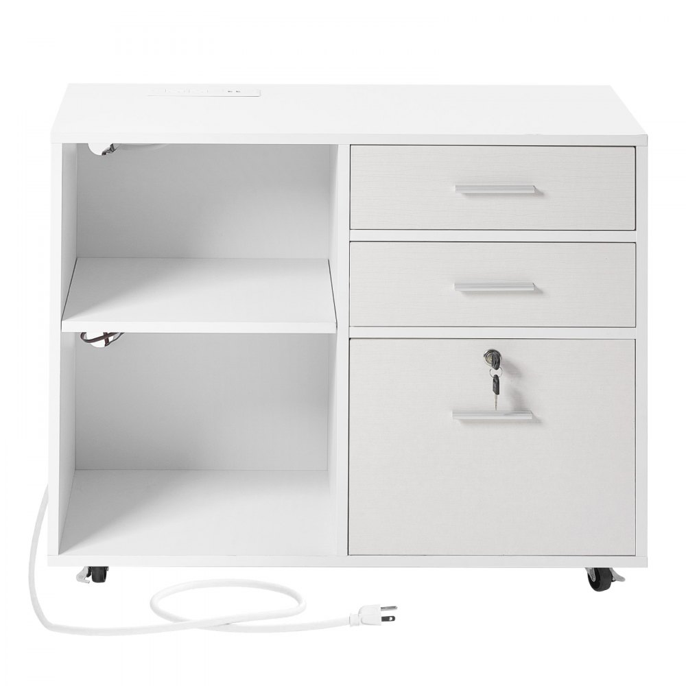 VEVOR 3 Drawer Wooden File Cabinet, Mobile Filing Cabinet with Light Strip, Lockable Rolling File Storage with Adjustable Shelves & 5 Wheels, Free Standing Printer Stand for Home Office School, White