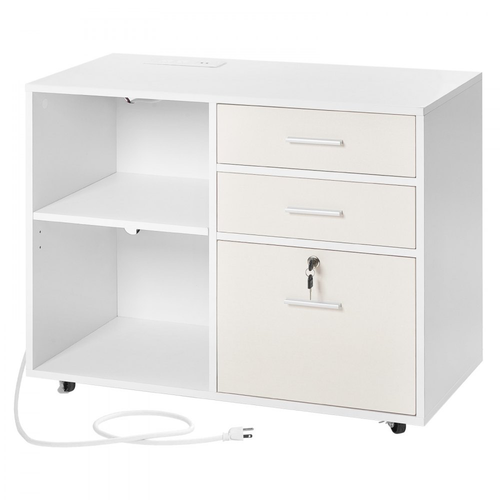 VEVOR 3 Drawer Wooden File Cabinet, Mobile Filing Cabinet with Light Strip, Lockable Rolling File Storage with Adjustable Shelves & 5 Wheels, Free Standing Printer Stand for Home Office School, White