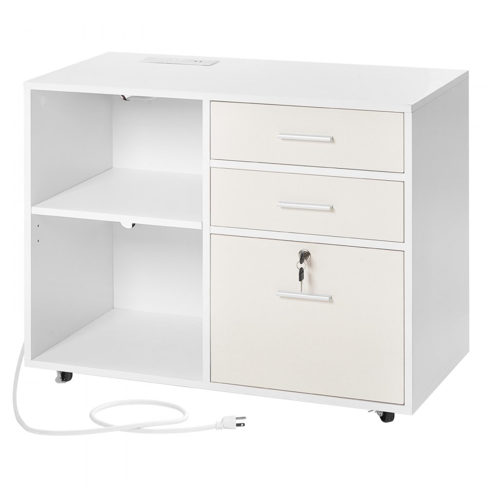 VEVOR 3 Drawer Wooden File Cabinet, Mobile Filing Cabinet with Light Strip, Lockable Rolling File Storage with Adjustable Shelves & 5 Wheels, Free Standing Printer Stand for Home Office School, White