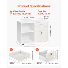 3 Drawer Wooden File Cabinet Mobile Filing Cabinet with Light Strip White