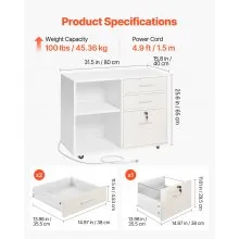 3 Drawer Wooden File Cabinet Mobile Filing Cabinet with Light Strip White