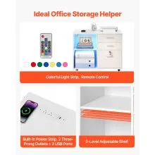 3 Drawer Wooden File Cabinet Mobile Filing Cabinet with Light Strip White
