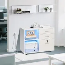 3 Drawer Wooden File Cabinet Mobile Filing Cabinet with Light Strip White