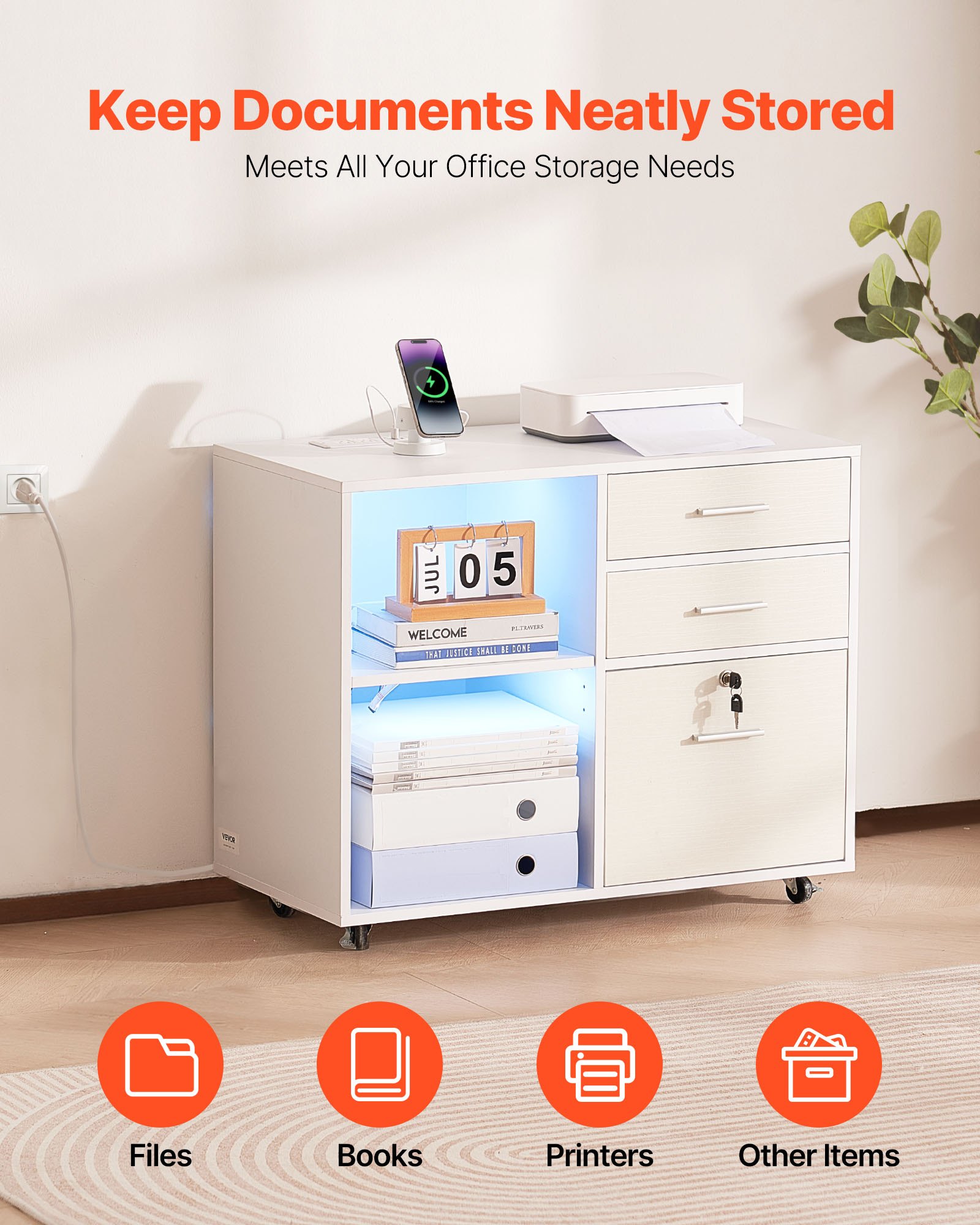 VEVOR 3 Drawer Wooden File Cabinet, Mobile Filing Cabinet with Light Strip, Lockable Rolling File Storage with Adjustable Shelves & 5 Wheels, Free Standing Printer Stand for Home Office School, White