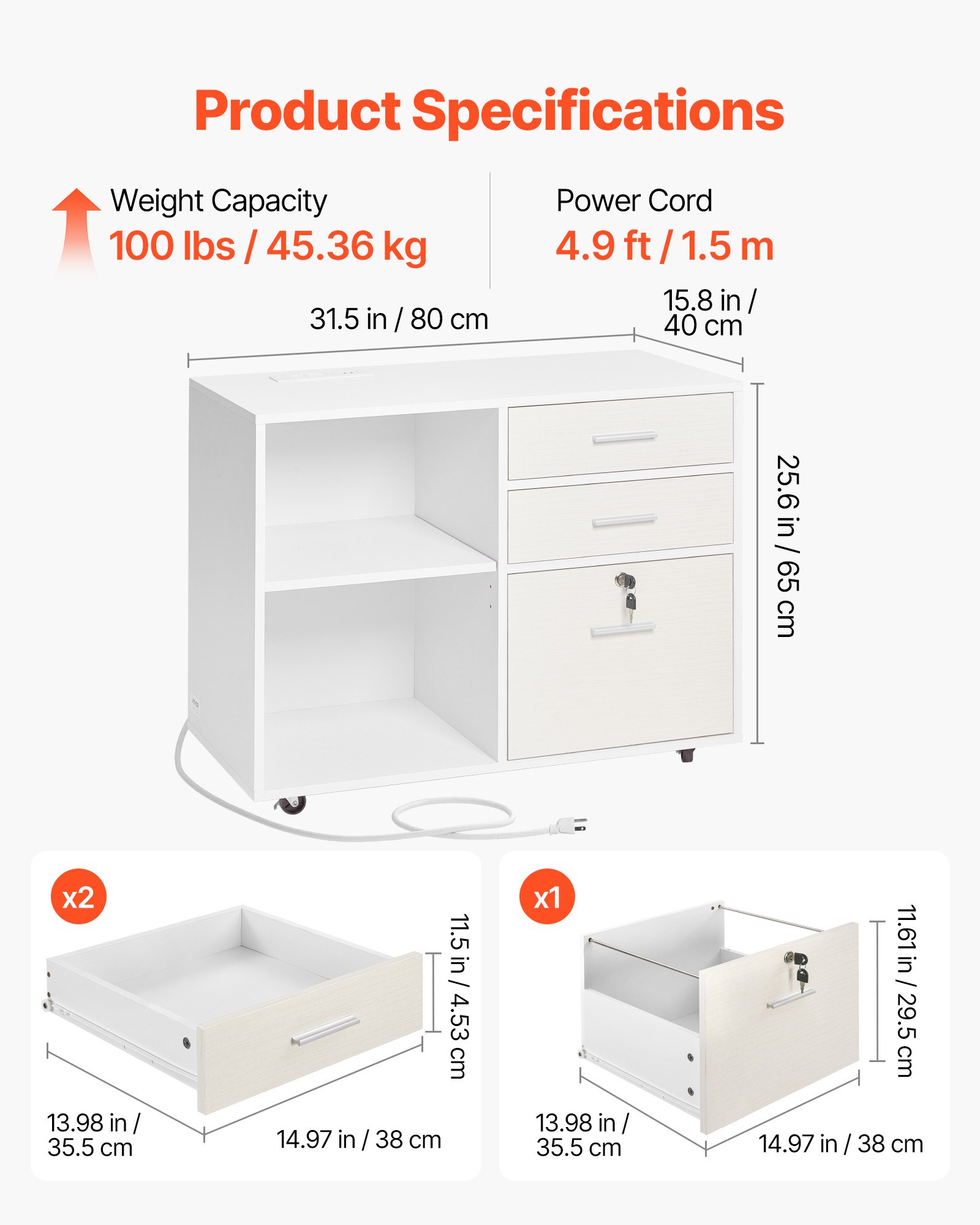 VEVOR 3 Drawer Wooden File Cabinet, Mobile Filing Cabinet with Light Strip, Lockable Rolling File Storage with Adjustable Shelves & 5 Wheels, Free Standing Printer Stand for Home Office School, White