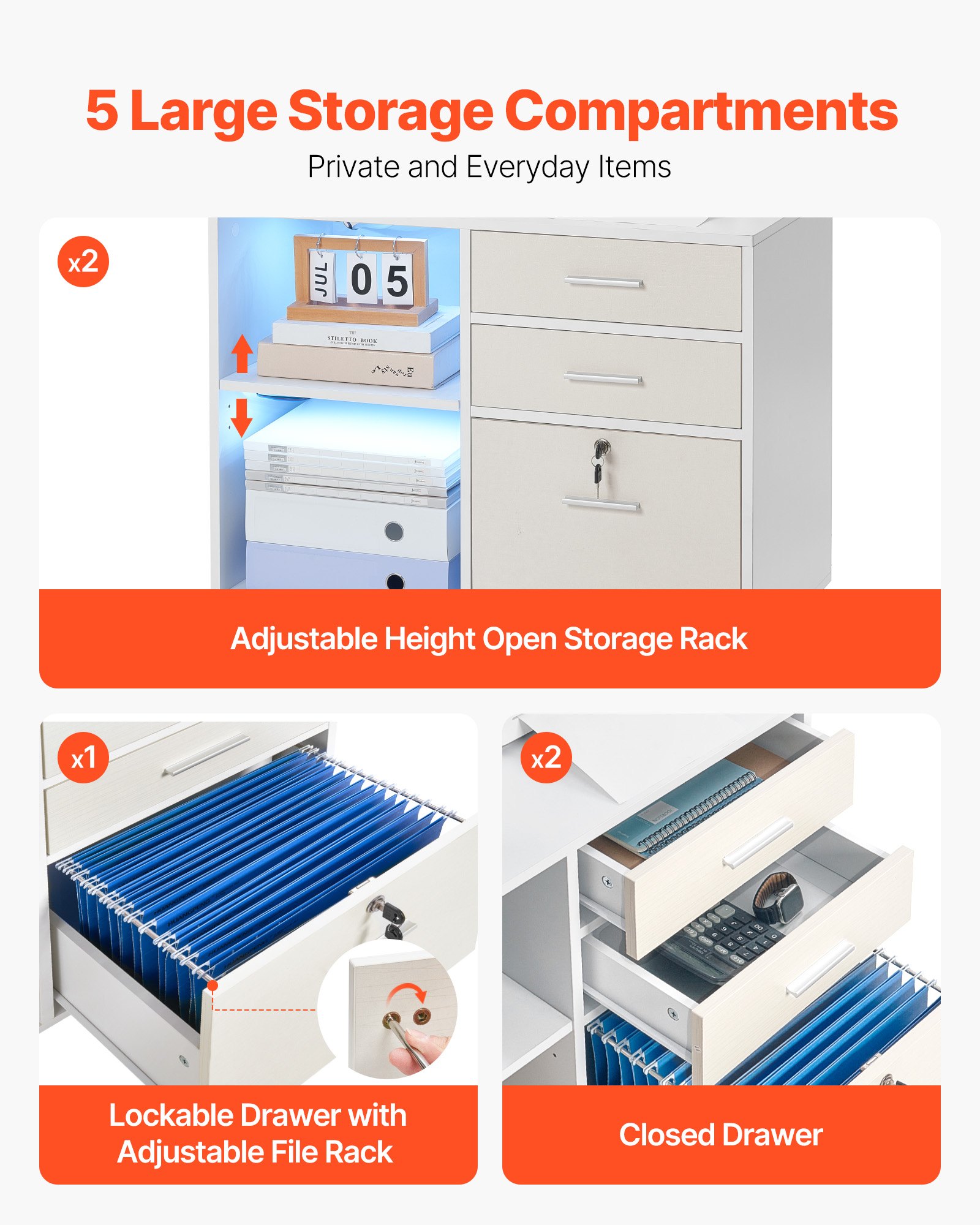 VEVOR 3 Drawer Wooden File Cabinet, Mobile Filing Cabinet with Light Strip, Lockable Rolling File Storage with Adjustable Shelves & 5 Wheels, Free Standing Printer Stand for Home Office School, White