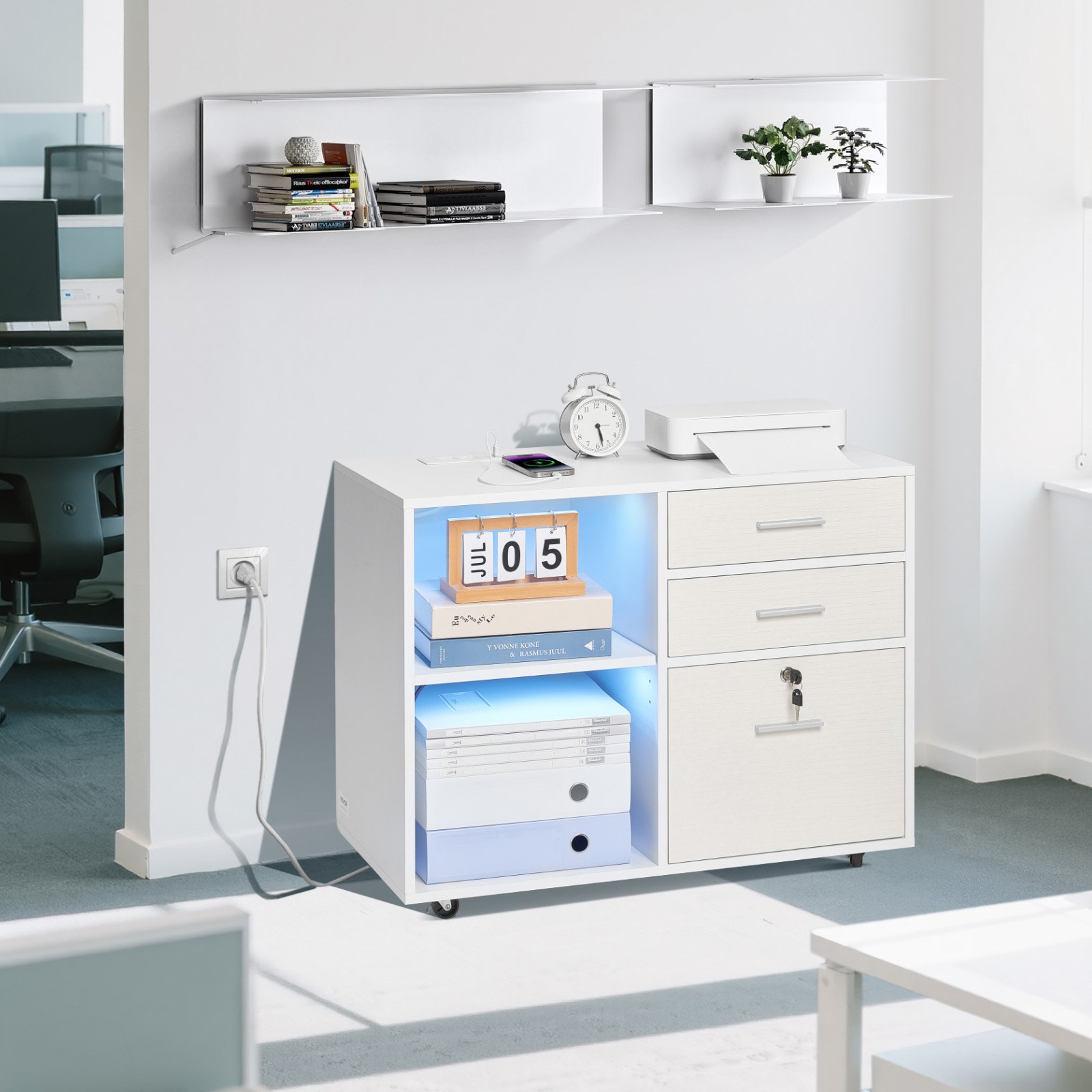 VEVOR 3 Drawer Wooden File Cabinet, Mobile Filing Cabinet with Light Strip, Lockable Rolling File Storage with Adjustable Shelves & 5 Wheels, Free Standing Printer Stand for Home Office School, White