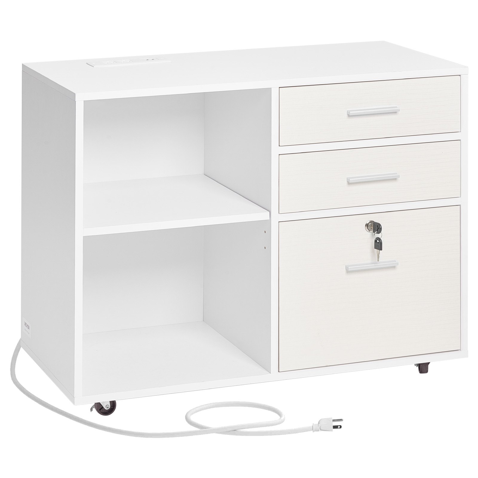 VEVOR 3 Drawer Wooden File Cabinet, Mobile Filing Cabinet with Light Strip, Lockable Rolling File Storage with Adjustable Shelves & 5 Wheels, Free Standing Printer Stand for Home Office School, White