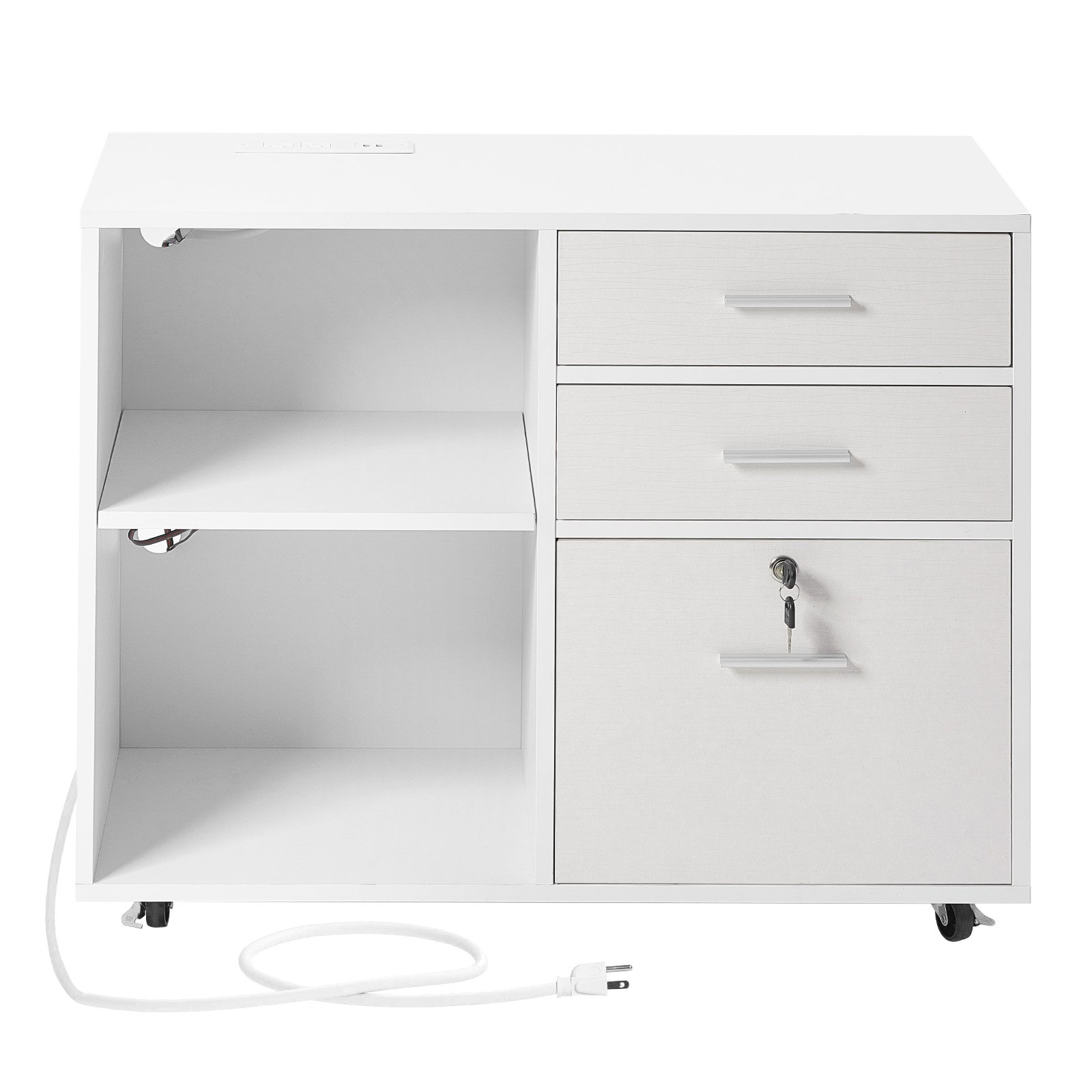 VEVOR 3 Drawer Wooden File Cabinet, Mobile Filing Cabinet with Light Strip, Lockable Rolling File Storage with Adjustable Shelves & 5 Wheels, Free Standing Printer Stand for Home Office School, White