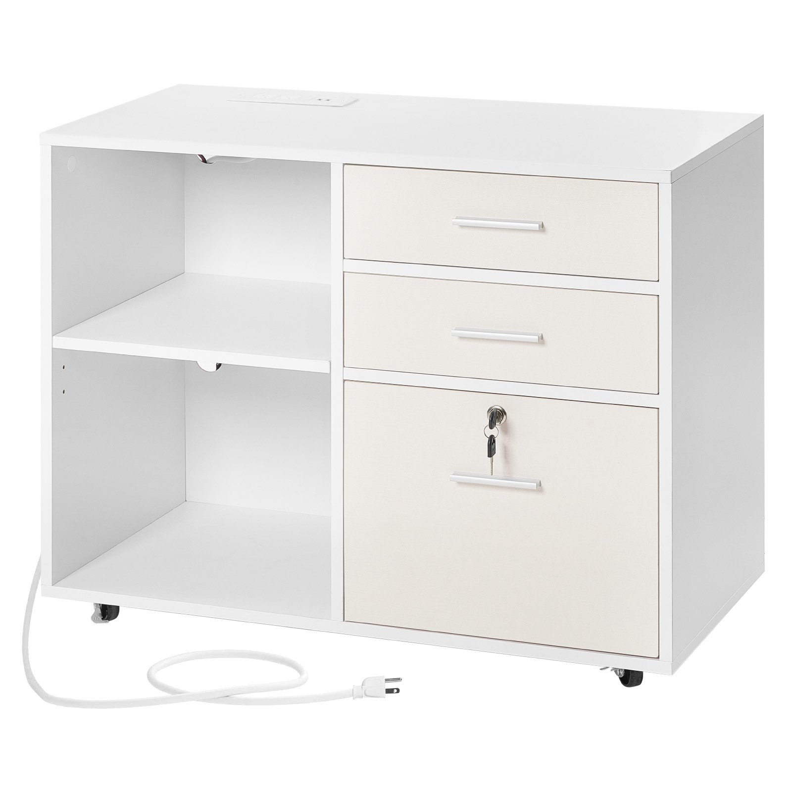 VEVOR 3 Drawer Wooden File Cabinet, Mobile Filing Cabinet with Light Strip, Lockable Rolling File Storage with Adjustable Shelves & 5 Wheels, Free Standing Printer Stand for Home Office School, White