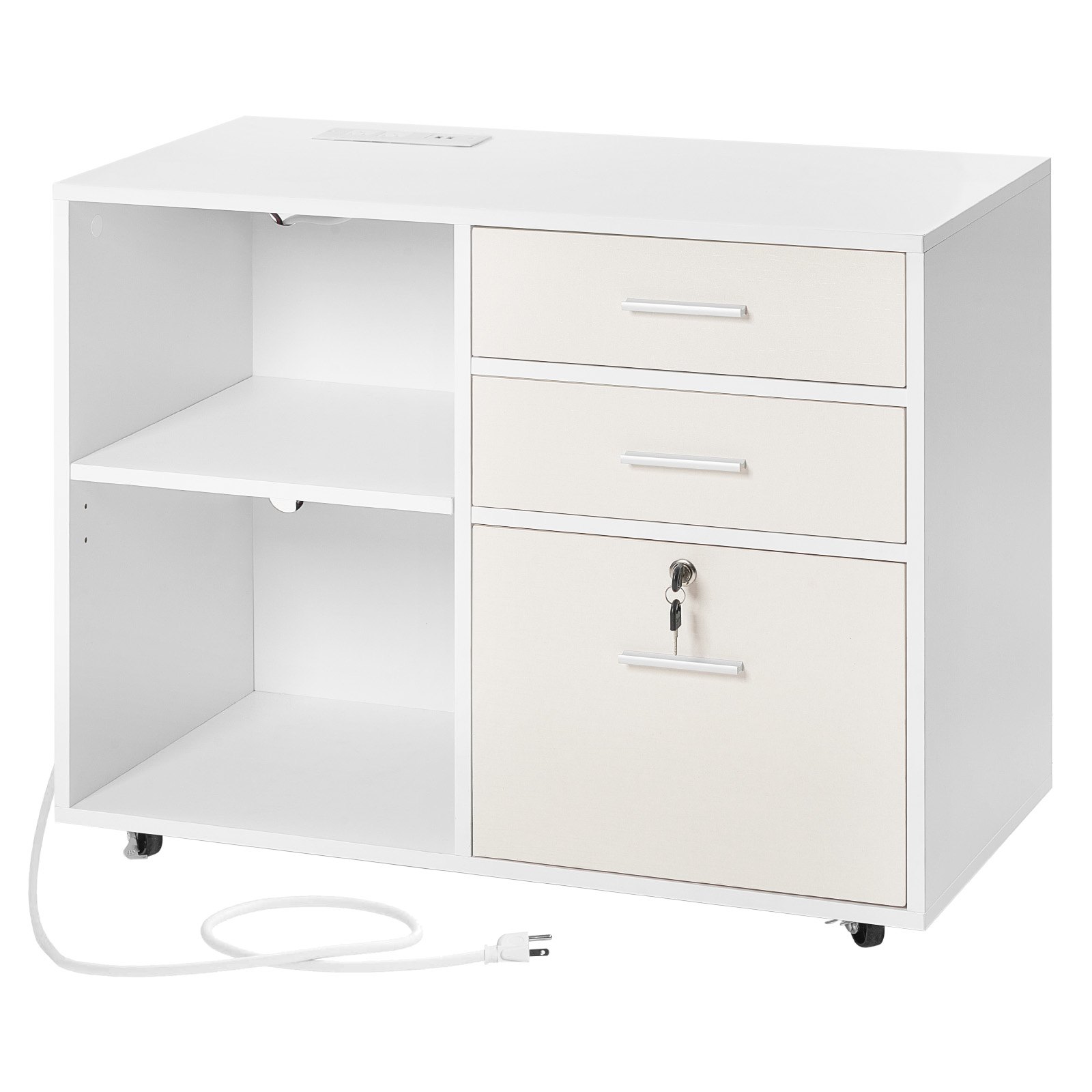 VEVOR 3 Drawer Wooden File Cabinet, Mobile Filing Cabinet with Light Strip, Lockable Rolling File Storage with Adjustable Shelves & 5 Wheels, Free Standing Printer Stand for Home Office School, White