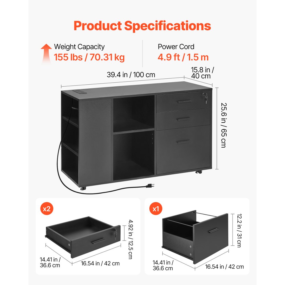 VEVOR 3 Drawer Wooden File Cabinet, Mobile Filing Cabinet with Power Strip, Lockable Rolling File Storage with Adjustable Shelves & 5 Wheels, Floor Standing Printer Stand for Home Office School, Black
