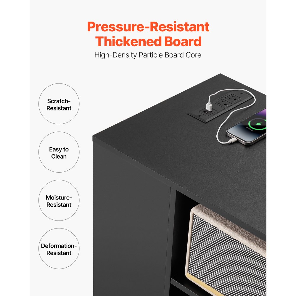 VEVOR 3 Drawer Wooden File Cabinet, Mobile Filing Cabinet with Power Strip, Lockable Rolling File Storage with Adjustable Shelves & 5 Wheels, Floor Standing Printer Stand for Home Office School, Black
