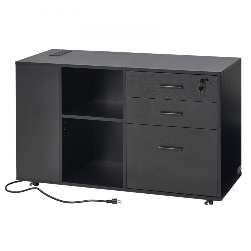 VEVOR 3 Drawer Wooden File Cabinet, Mobile Filing Cabinet with Power Strip, Lockable Rolling File Storage with Adjustable Shelves & 5 Wheels, Floor Standing Printer Stand for Home Office School, Black