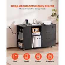 3 Drawer Wooden File Cabinet Mobile Filing Cabinet with Power Strip Black