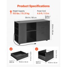 3 Drawer Wooden File Cabinet Mobile Filing Cabinet with Power Strip Black