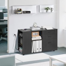 3 Drawer Wooden File Cabinet Mobile Filing Cabinet with Power Strip Black