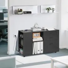 3 Drawer Wooden File Cabinet Mobile Filing Cabinet with Power Strip Black