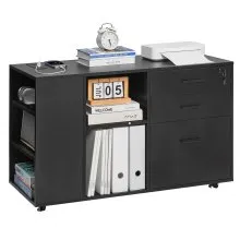 3 Drawer Wooden File Cabinet Mobile Filing Cabinet with Power Strip Black