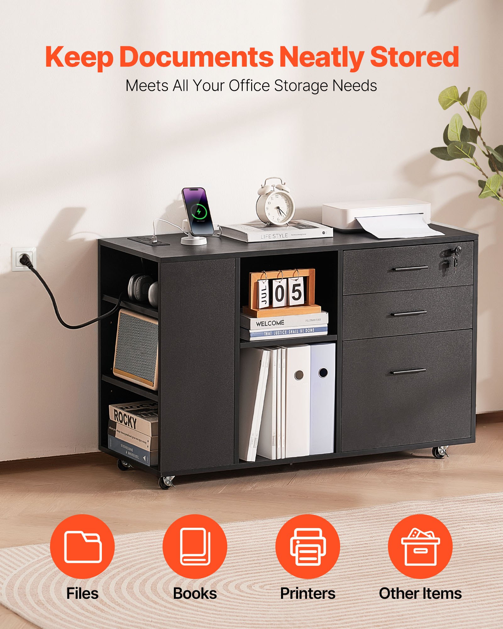 VEVOR 3 Drawer Wooden File Cabinet, Mobile Filing Cabinet with Power Strip, Lockable Rolling File Storage with Adjustable Shelves & 5 Wheels, Floor Standing Printer Stand for Home Office School, Black