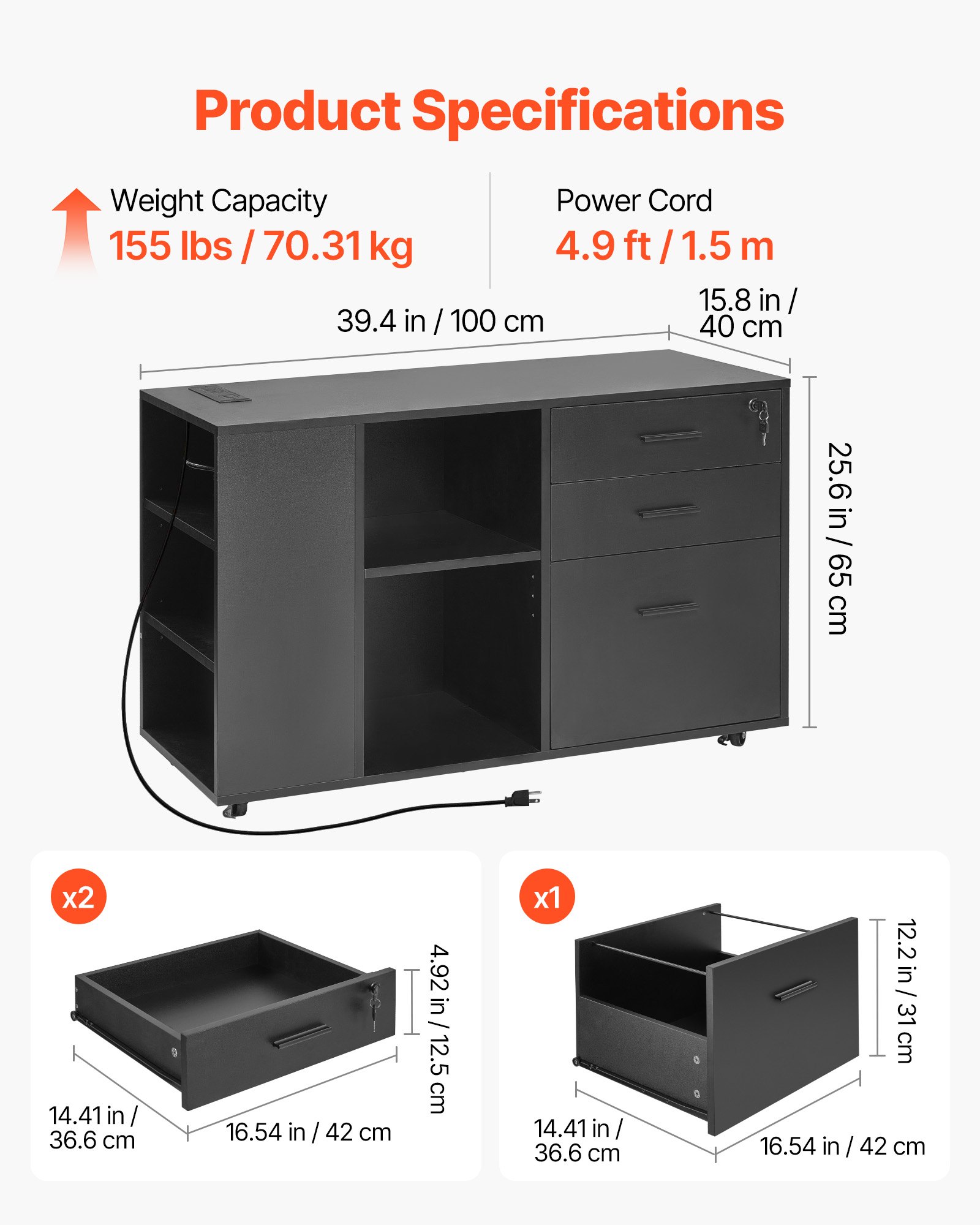 VEVOR 3 Drawer Wooden File Cabinet, Mobile Filing Cabinet with Power Strip, Lockable Rolling File Storage with Adjustable Shelves & 5 Wheels, Floor Standing Printer Stand for Home Office School, Black