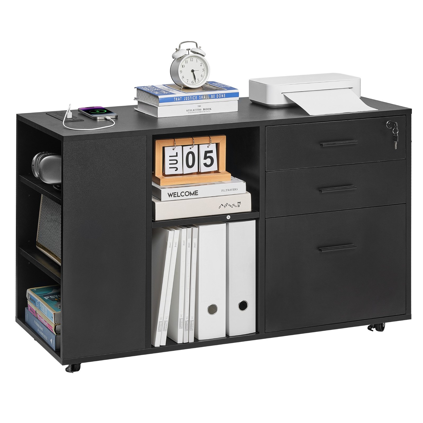 VEVOR 3 Drawer Wooden File Cabinet, Mobile Filing Cabinet with Power Strip, Lockable Rolling File Storage with Adjustable Shelves & 5 Wheels, Floor Standing Printer Stand for Home Office School, Black