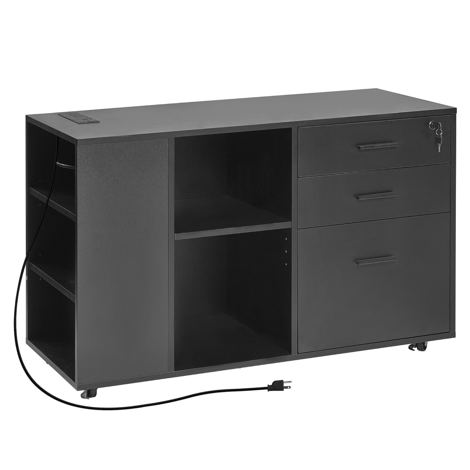 VEVOR 3 Drawer Wooden File Cabinet, Mobile Filing Cabinet with Power Strip, Lockable Rolling File Storage with Adjustable Shelves & 5 Wheels, Floor Standing Printer Stand for Home Office School, Black
