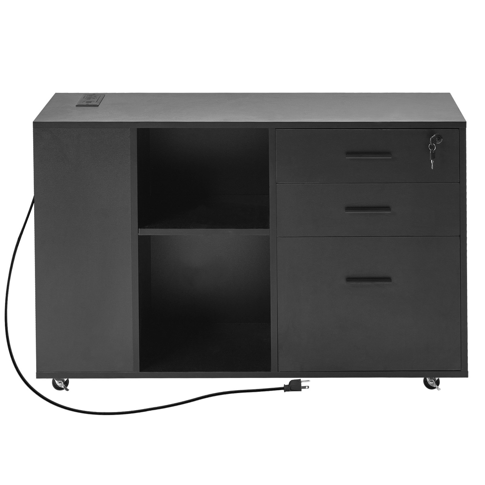 VEVOR 3 Drawer Wooden File Cabinet, Mobile Filing Cabinet with Power Strip, Lockable Rolling File Storage with Adjustable Shelves & 5 Wheels, Floor Standing Printer Stand for Home Office School, Black