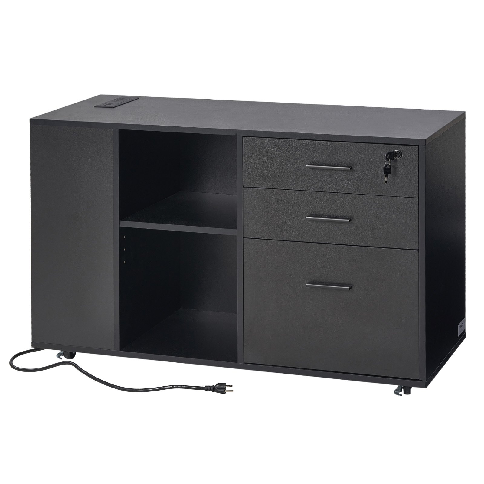 VEVOR 3 Drawer Wooden File Cabinet, Mobile Filing Cabinet with Power Strip, Lockable Rolling File Storage with Adjustable Shelves & 5 Wheels, Floor Standing Printer Stand for Home Office School, Black