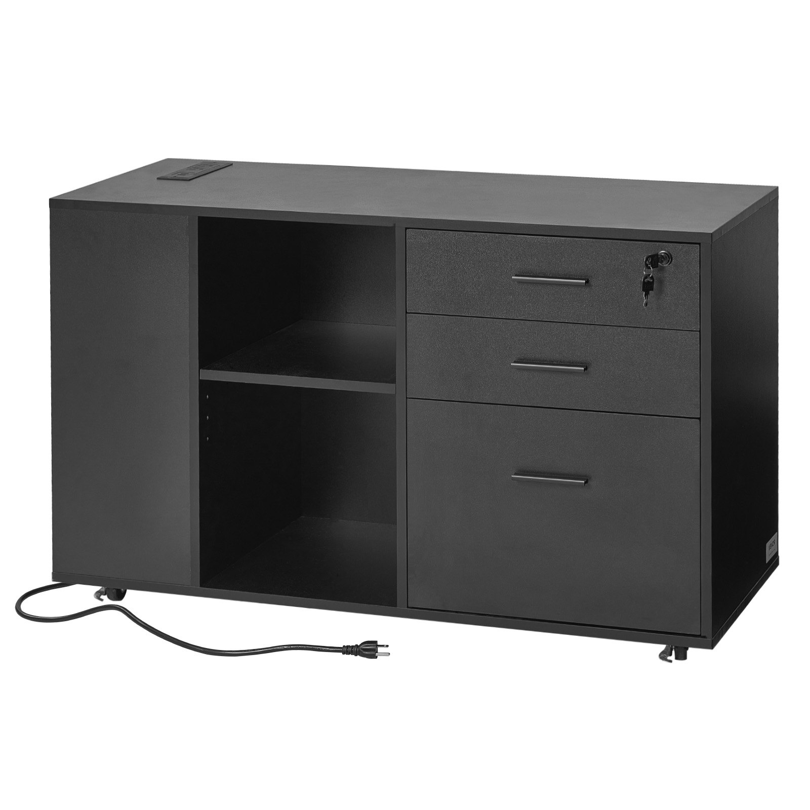 VEVOR 3 Drawer Wooden File Cabinet, Mobile Filing Cabinet with Power Strip, Lockable Rolling File Storage with Adjustable Shelves & 5 Wheels, Floor Standing Printer Stand for Home Office School, Black