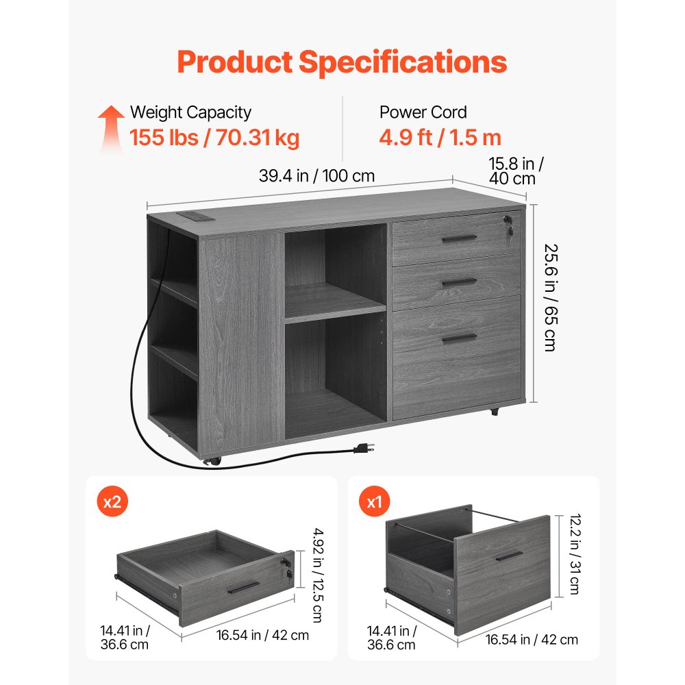 VEVOR 3 Drawer Wooden File Cabinet, Mobile Filing Cabinet with Power Strip, Lockable Rolling File Storage with Adjustable Shelves & 5 Wheels, Floor Standing Printer Stand for Home Office School, Gray