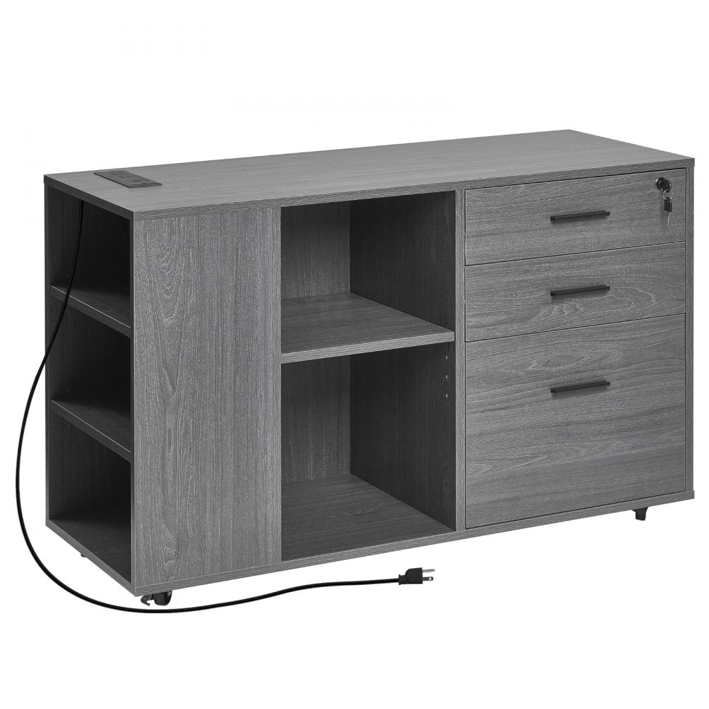 VEVOR 3 Drawer Wooden File Cabinet, Mobile Filing Cabinet with Power Strip, Lockable Rolling File Storage with Adjustable Shelves & 5 Wheels, Floor Standing Printer Stand for Home Office School, Gray
