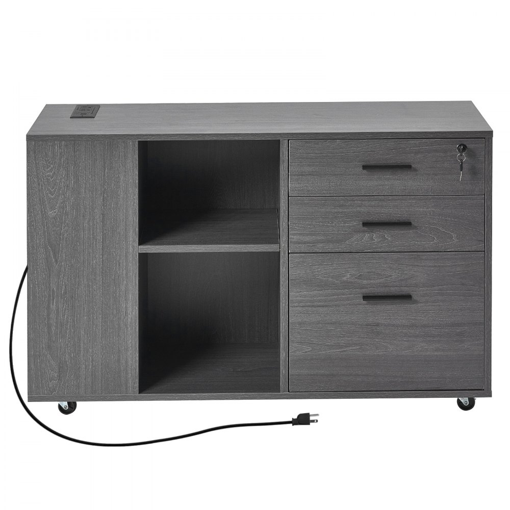 VEVOR 3 Drawer Wooden File Cabinet, Mobile Filing Cabinet with Power Strip, Lockable Rolling File Storage with Adjustable Shelves & 5 Wheels, Floor Standing Printer Stand for Home Office School, Gray